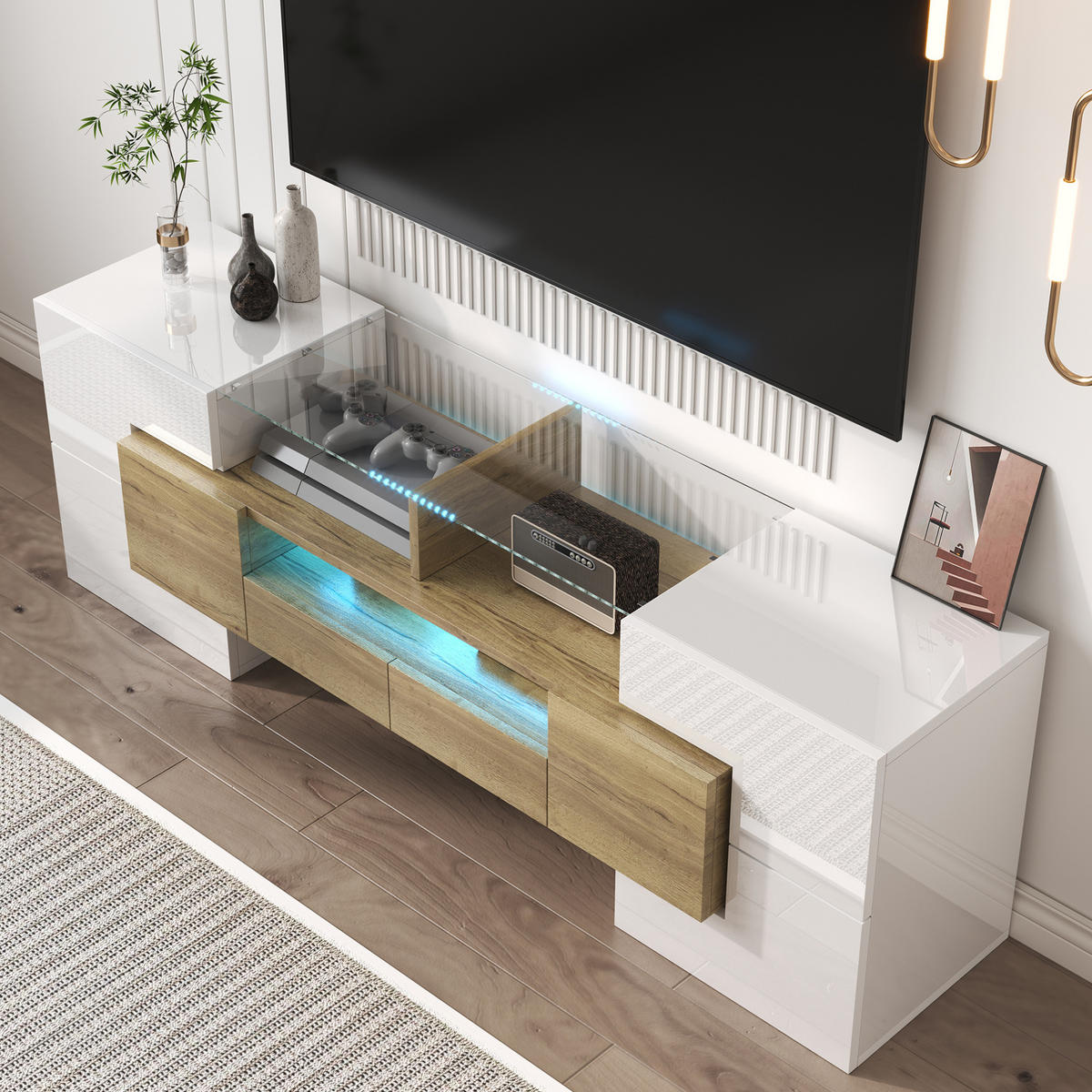 TV-SCHRANK in Hochglanz Weiß/Goldoptik mit LED und Schubladen 145/30/51 cm - Weiß, Holzwerkstoff (145/51/30cm) - Redom