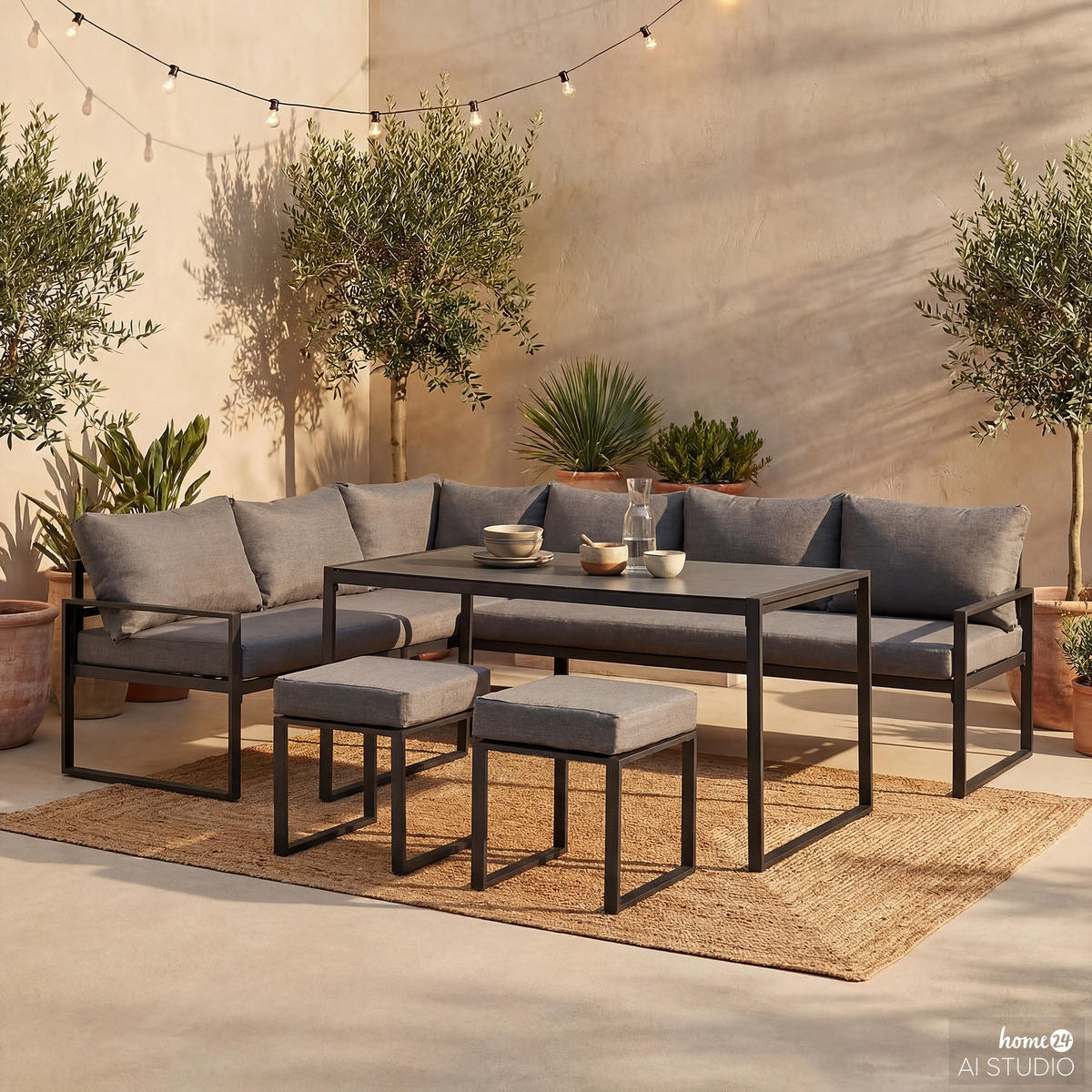 GARTENSITZGRUPPE - 5-teilig - Stahl / Polyester - Schwarz / Grau - Schwarz/Grau, Glas/Textil - home24