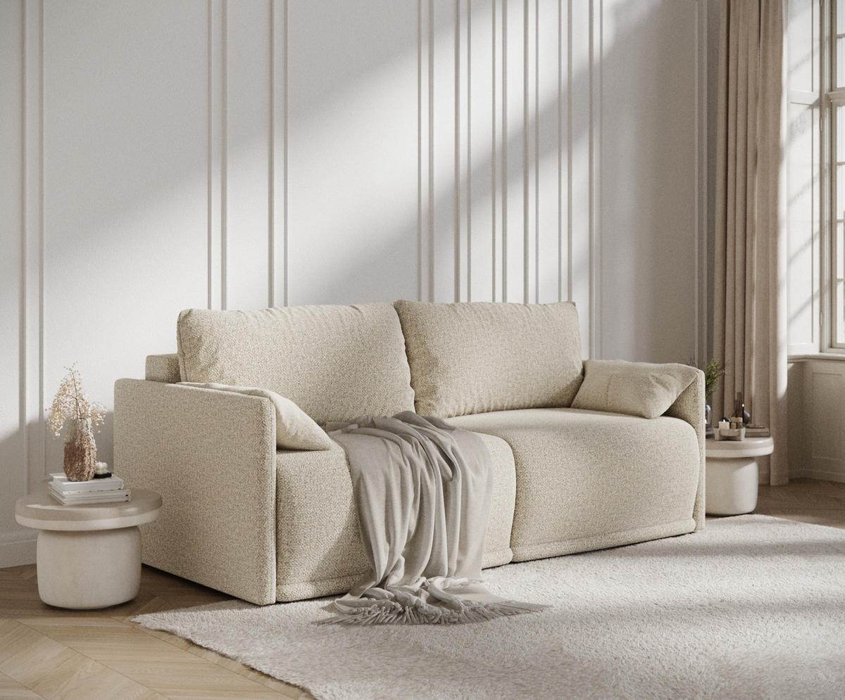 SCHLAFSOFA MIT ECKSOFA-FUNKTION Nappa Beige Plüschstoff - Beige/Schwarz, Holz/Holzwerkstoff (215/100/112cm) - Maison de Reve