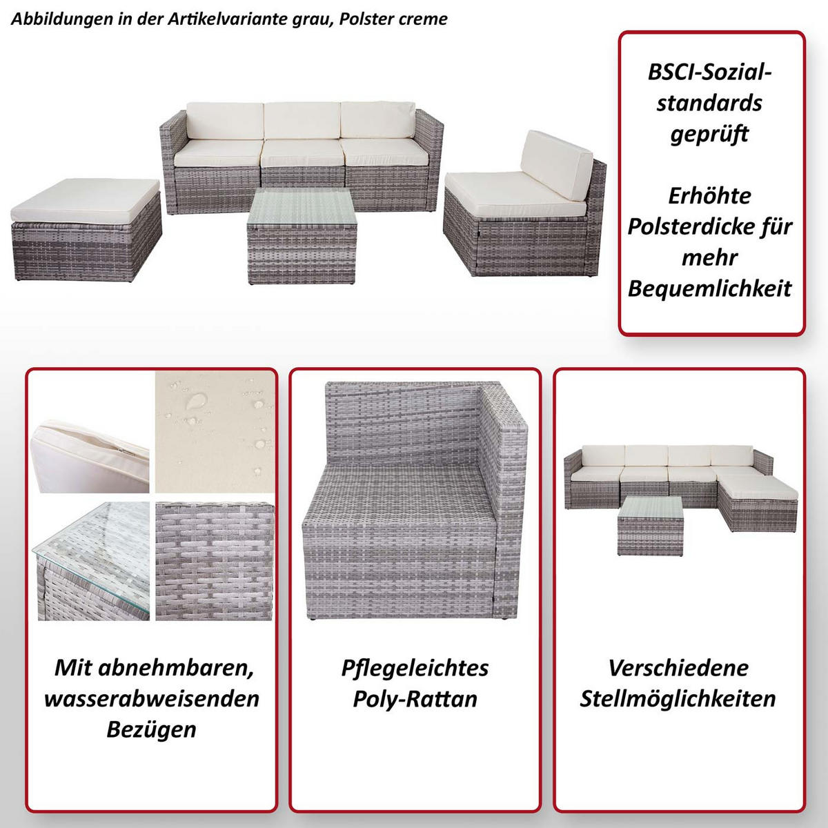 POLY-RATTAN-GARNITUR Anthrazit, Grau - Anthrazit/Grau, Kunststoff - MCW