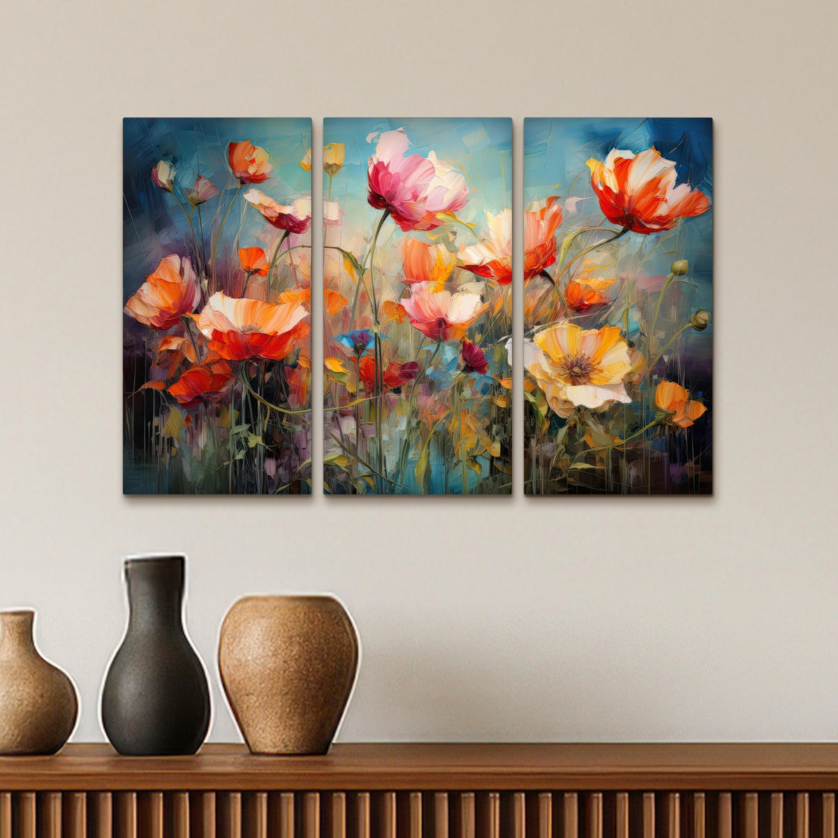 LEINWANDBILD 3er Set Blumen - Bunt - Abstrakt 60x40 cm - Blaugrau, Textil (60/40cm) - MuchoWow