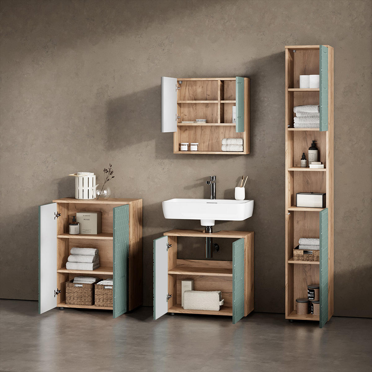 BADMÖBEL-SET Ronco Grün/Goldkraft Eiche 4 Teile, mit Hochschrank und Kommode - Eiche Wotan/Grün, Holzwerkstoff (60/59/30cm) - Livinity®