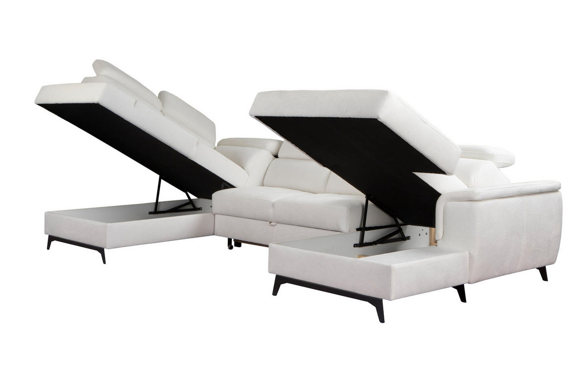 WOHNLANDSCHAFT VOLA Weiß Velours-Stoff mit Schlaffunktion - Weiß, Holz (348/105/199cm) - MASSENO