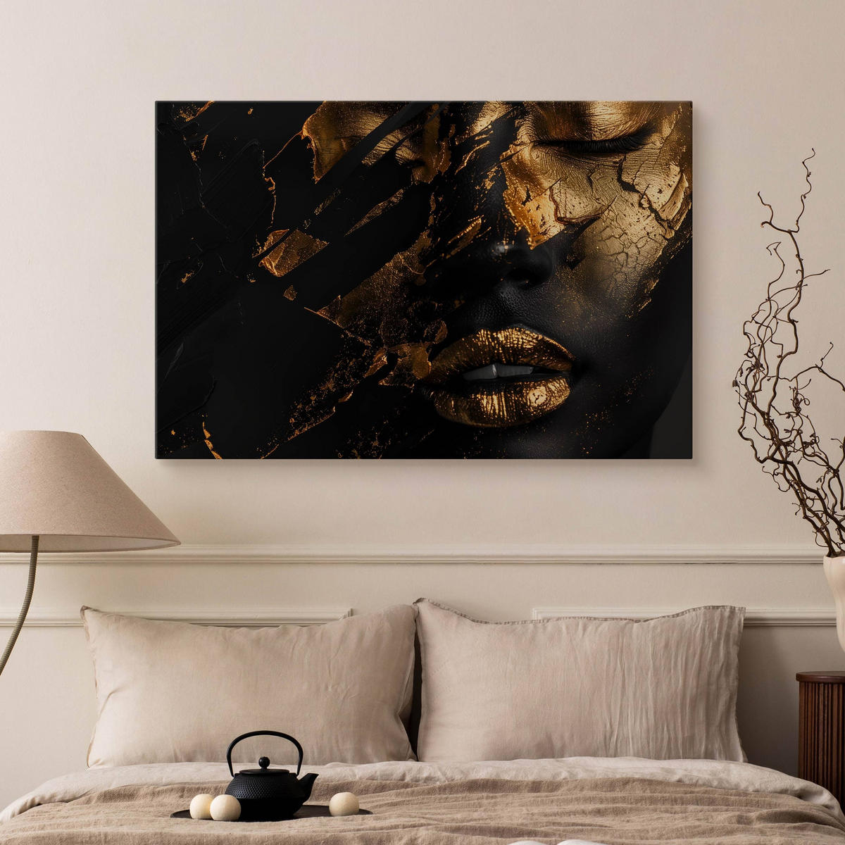 LEINWANDBILD für Wohnzimmer abstraktes Porträt Frau Glamour 90cm x 60cm - Beige/Schwarz, Textil (90/60cm) - Muralo