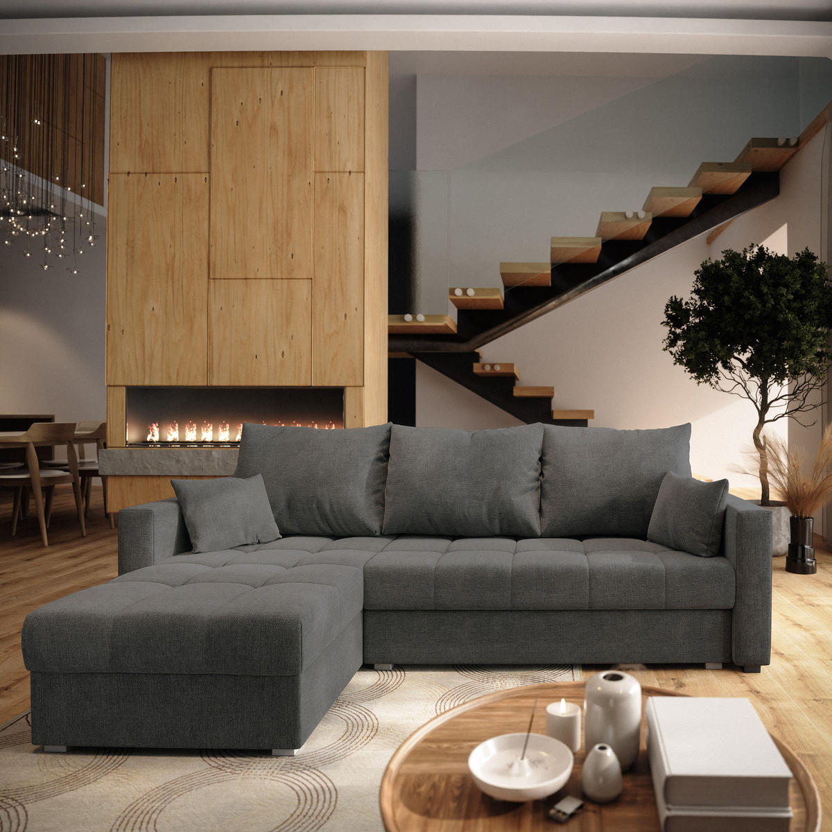 ECKSOFA NIDA Grau Geflochtener Stoff mit Schlaffunktion - Grau, Holz (220/143cm) - MASSENO