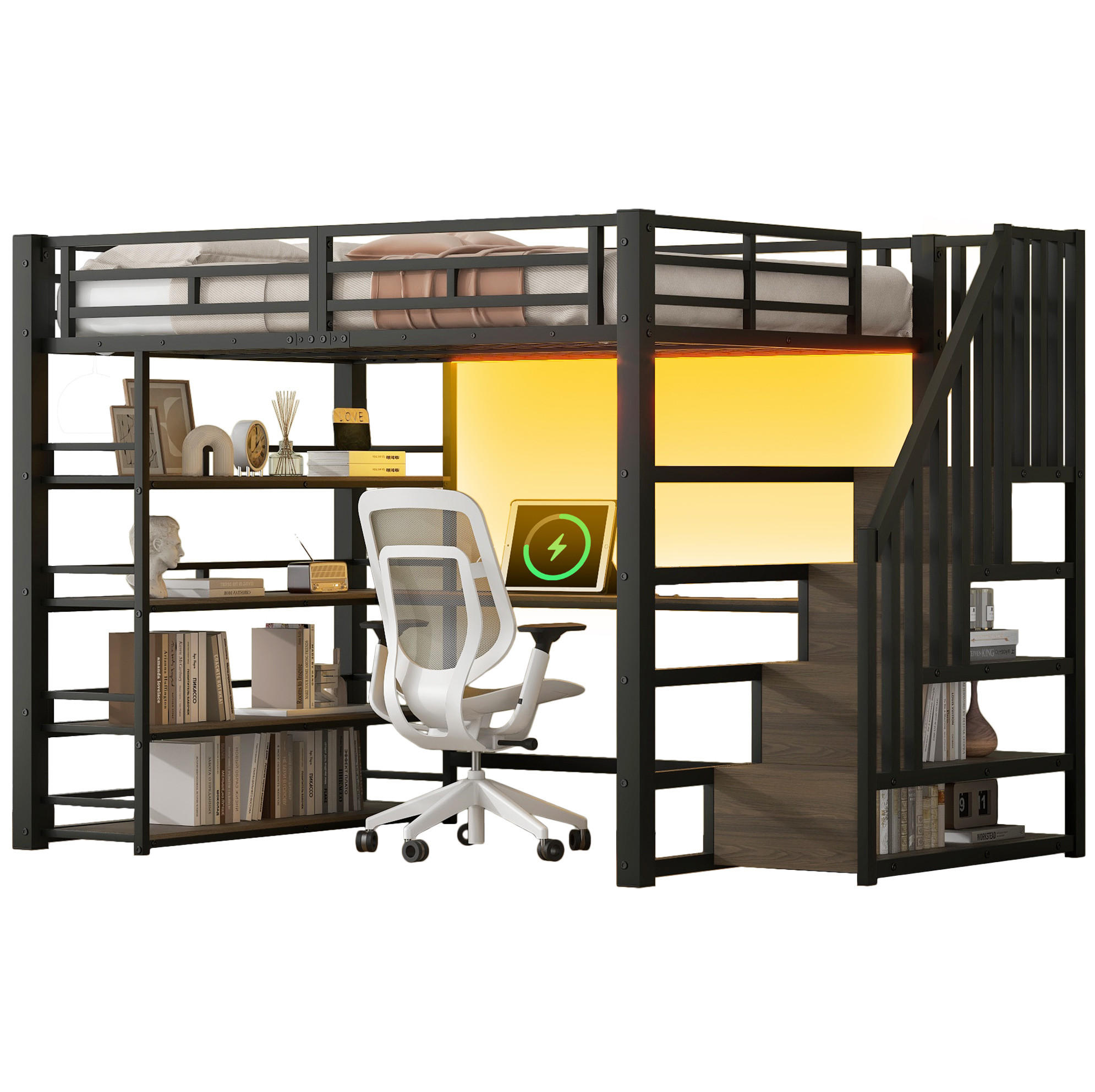 HOCHBETT 140/200 cm aus Metall und MDF mit Schreibtisch, Treppe, LED-Licht und Stauraum Schwarz - Schwarz, Holzwerkstoff (140/200cm) - Modenvie