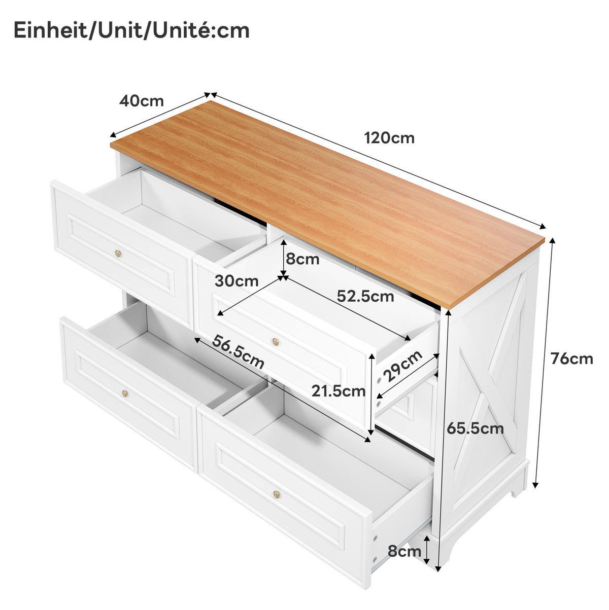 KOMODA 120/40/76 cm bílá z MDF a dřevotřísky se 6 zásuvkami a retro vzorem - bílá, kompozitní dřevo (120/76/40cm) - OKWISH