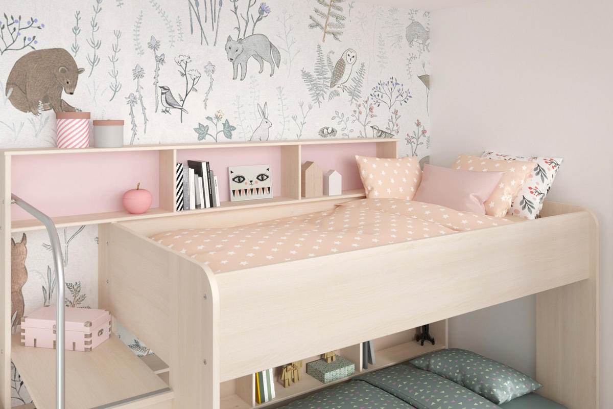 KINDERZIMMER Set 3-tlg mit Etagenbett Bettkasten und Kleiderschrank - Silberfarben/Akaziefarben, Holz/Holzwerkstoff (245/179/114cm) - Parisot Meuble
