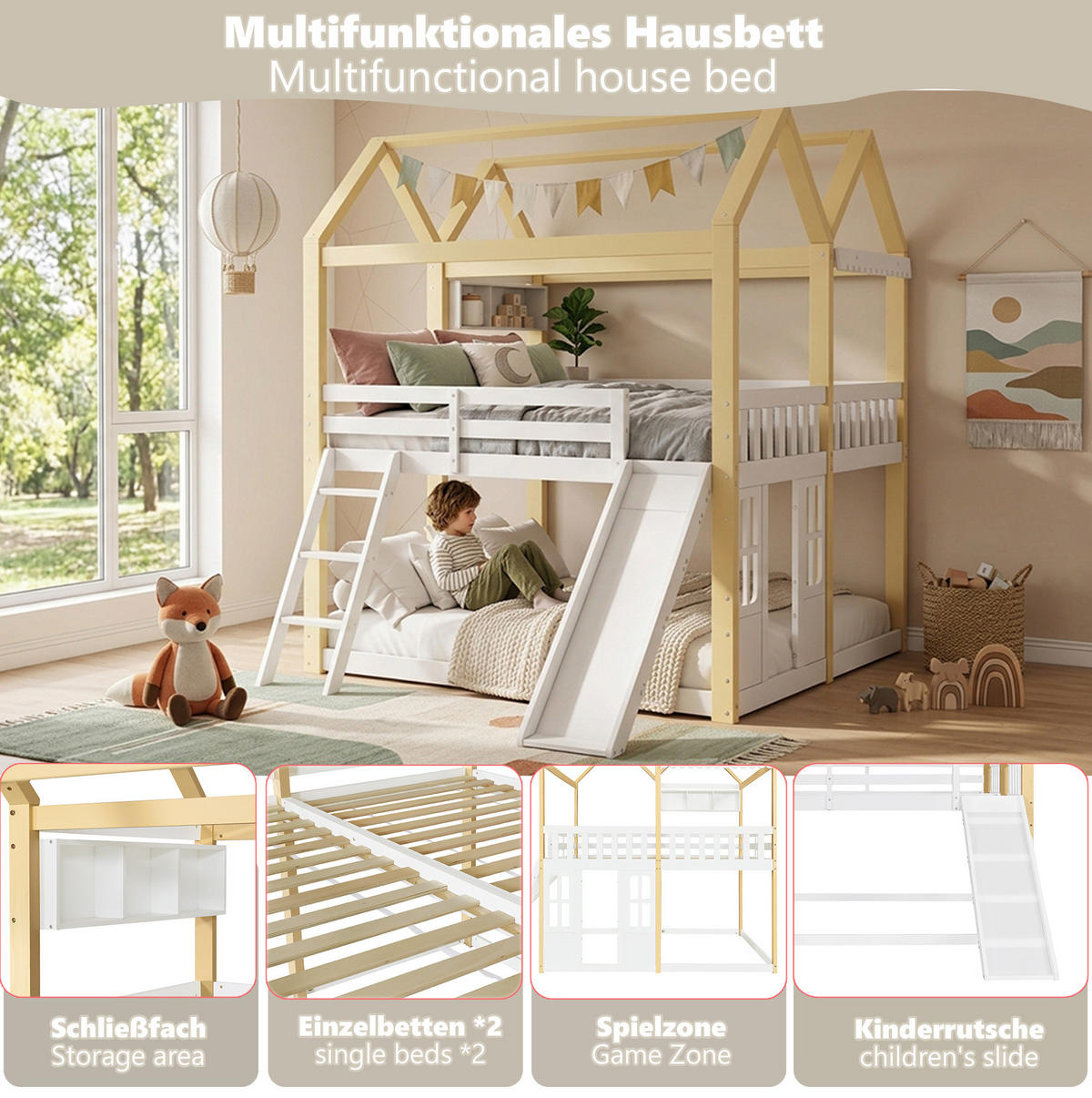 HOCHBETT aus Kiefernholz 90x200 cm Weiß/Natur mit Rutsche und flexibel montierbarer Leiter - Weiß, Holz (90/200cm) - Modfu