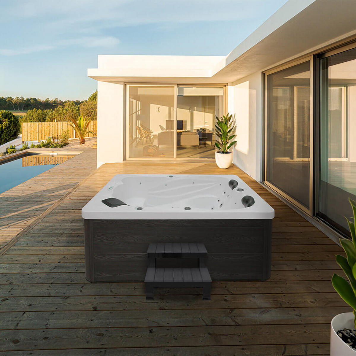 OUTDOOR WHIRLPOOL SUNSET - Mit Treppe und Thermoabdeckung - Weiß, Kunststoff (156/82/220cm) - Home Deluxe