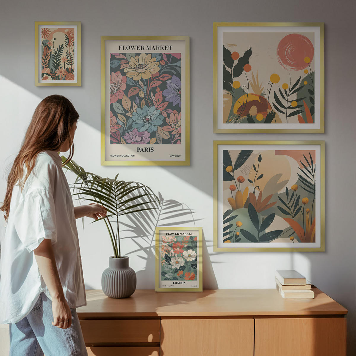 BILDER SET 5er Set - 50x50 cm & 20x30 cm & 40x60 cm Goldrahmen - Blumenposter Weinstadt - Goldfarben, Kunststoff (40/60cm) - TULUP