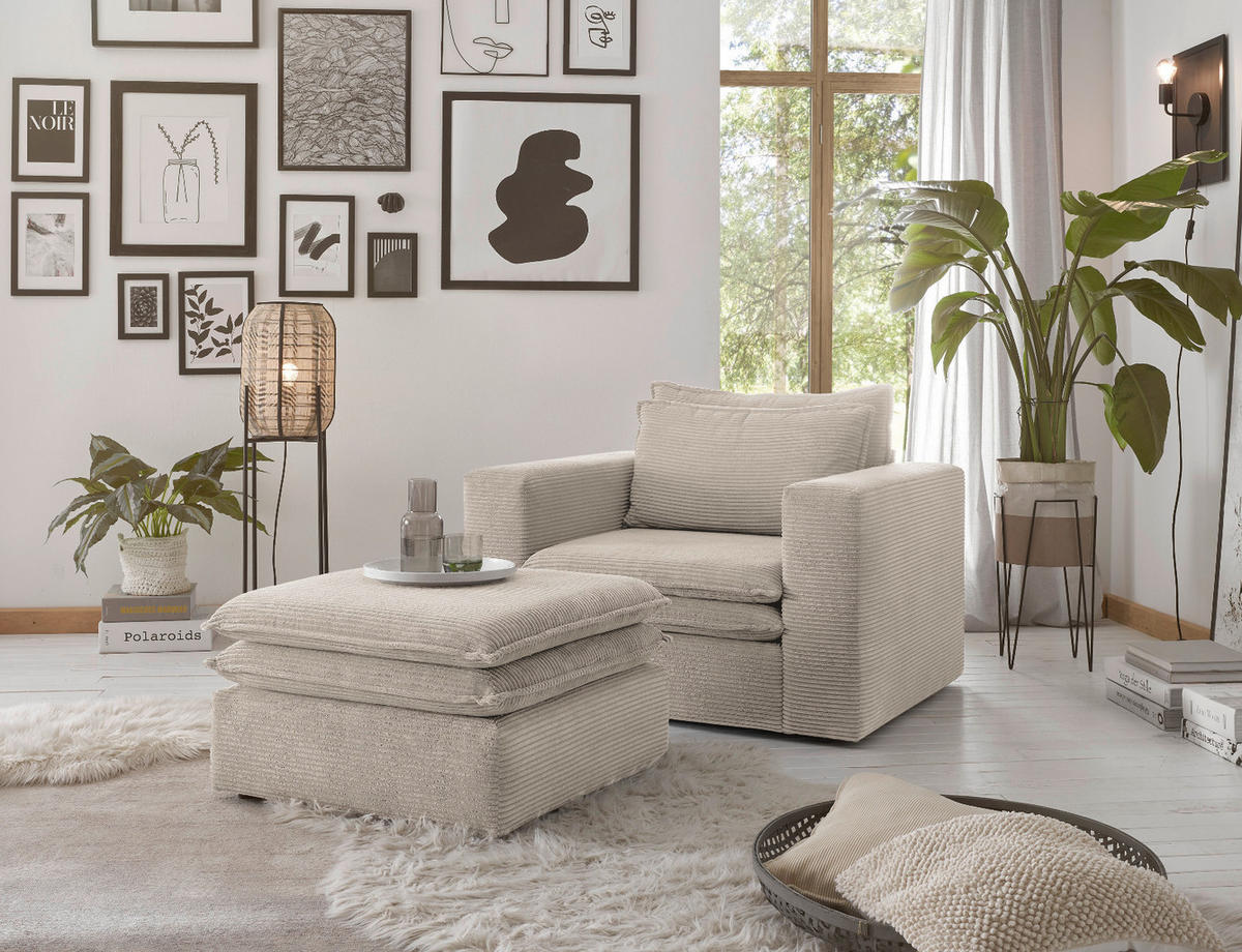 LOVESEAT Set beige Cord, Loungesessel inklusive Hocker - Beige, Holz/Kunststoff (110/83/161cm) - Furn.Design
