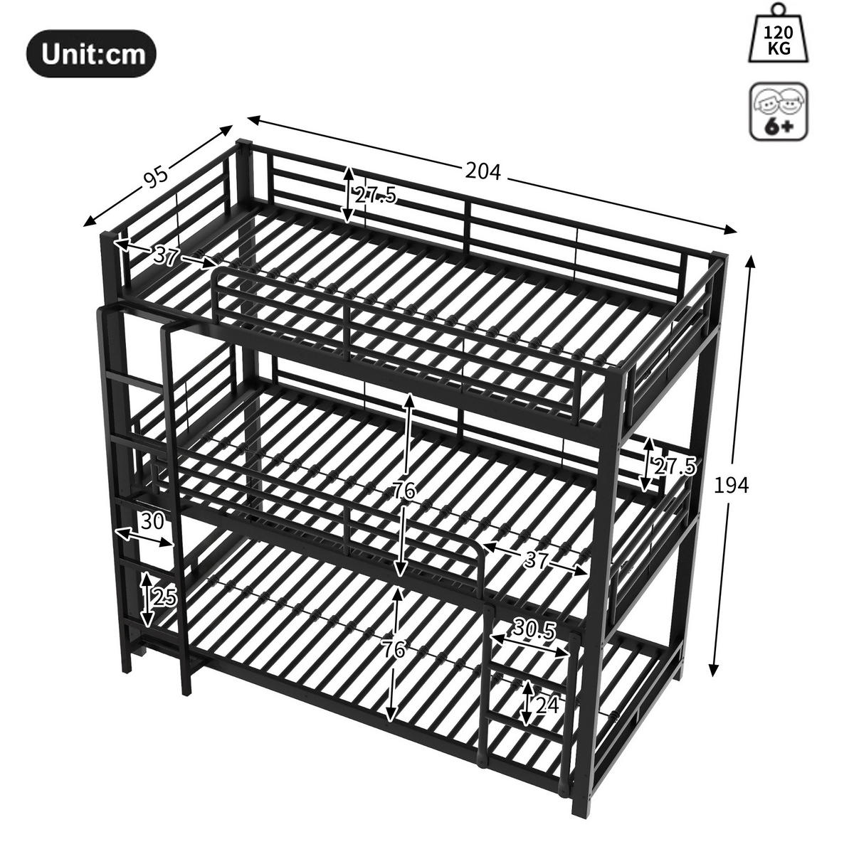 ETAGENBETT 90/200 cm in Schwarz mit 3 Liegeflächen und Leiter - Schwarz, Metall (90/200cm) - OKMYHOME
