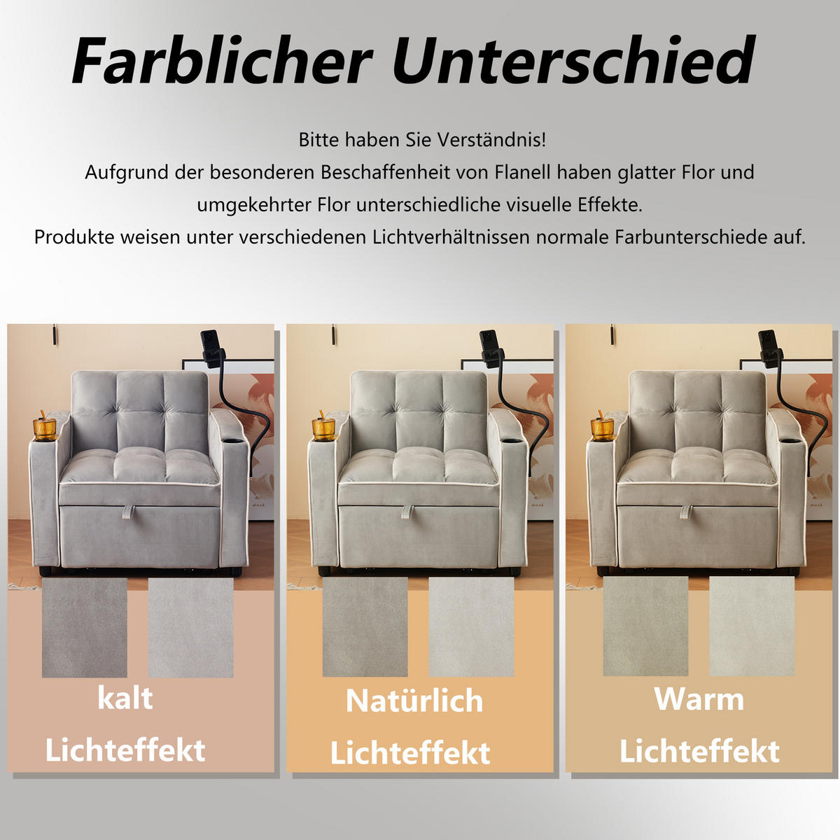 SCHLAFSESSEL Samt mit Getränkehaltern und Handyhalter Antik Grau Weiß 83/167/76 cm - Grau, Textil (83/76/167cm) - Redom