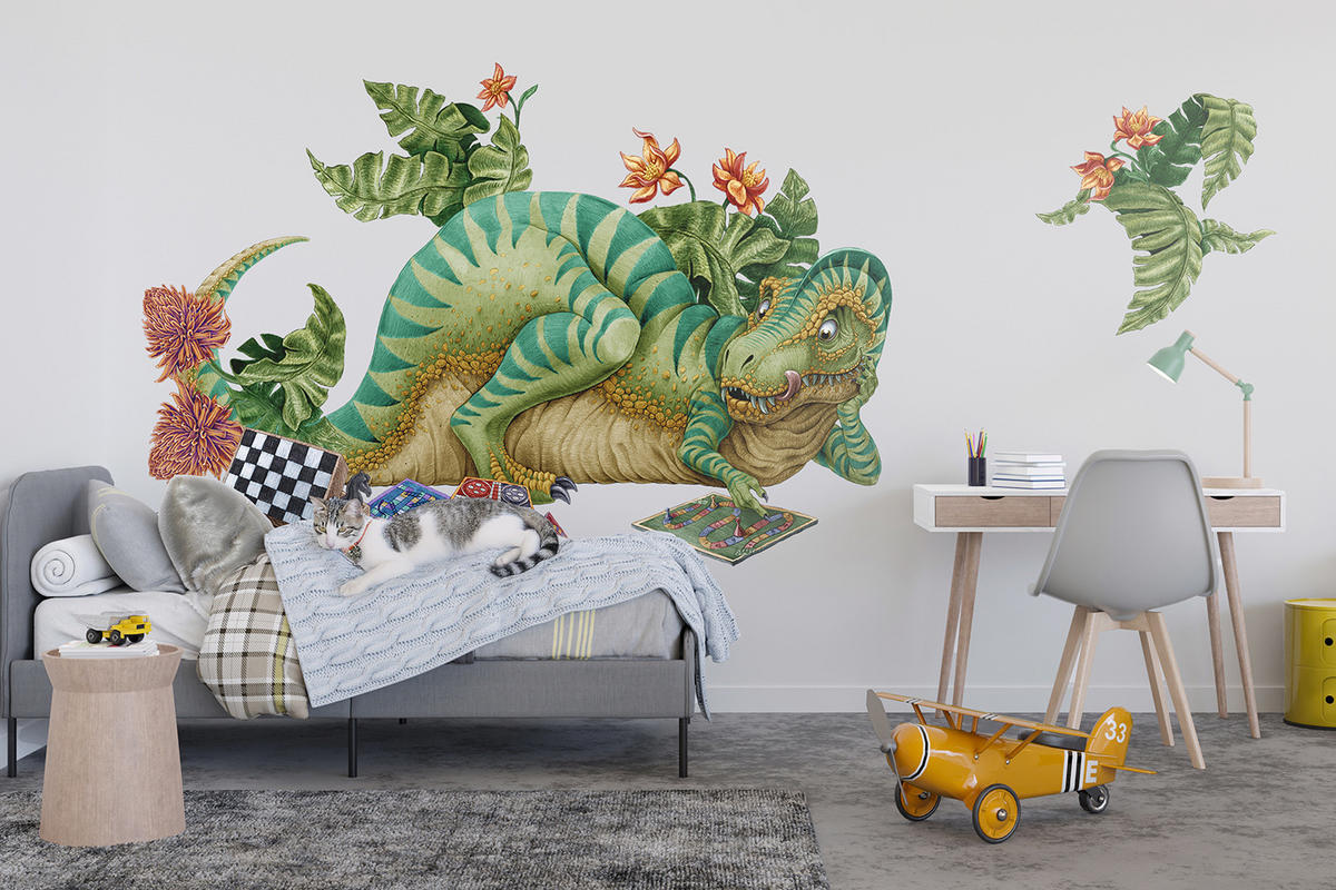 WANDAUFKLEBER 60x76cm - Dino mit einem Brettspiel - Multicolor, Kunststoff (60/76/0.1cm) - Wallfluent
