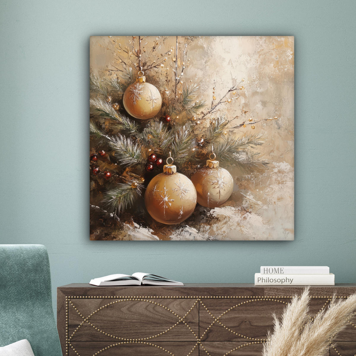 LEINWANDBILD Weihnachten - Kugeln - Beige - Gold 90x90 cm - Goldfarben, Textil (90/90cm) - MuchoWow