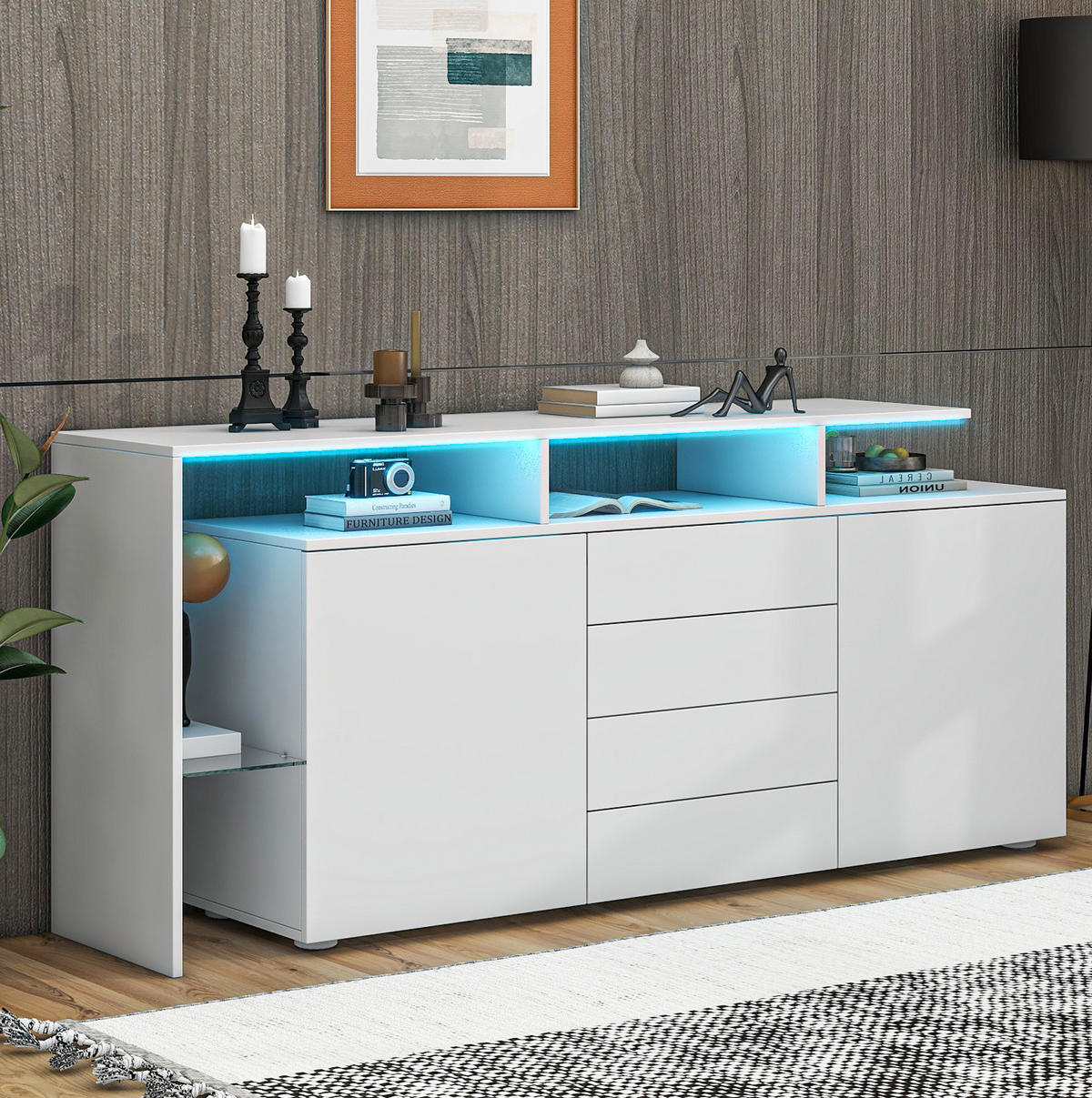 SIDEBOARD 160/35/70 cm in Weiß mit LED-Beleuchtung und 4 Schubladen - Weiß, Holzwerkstoff (160/70/35cm) - Flora Grace