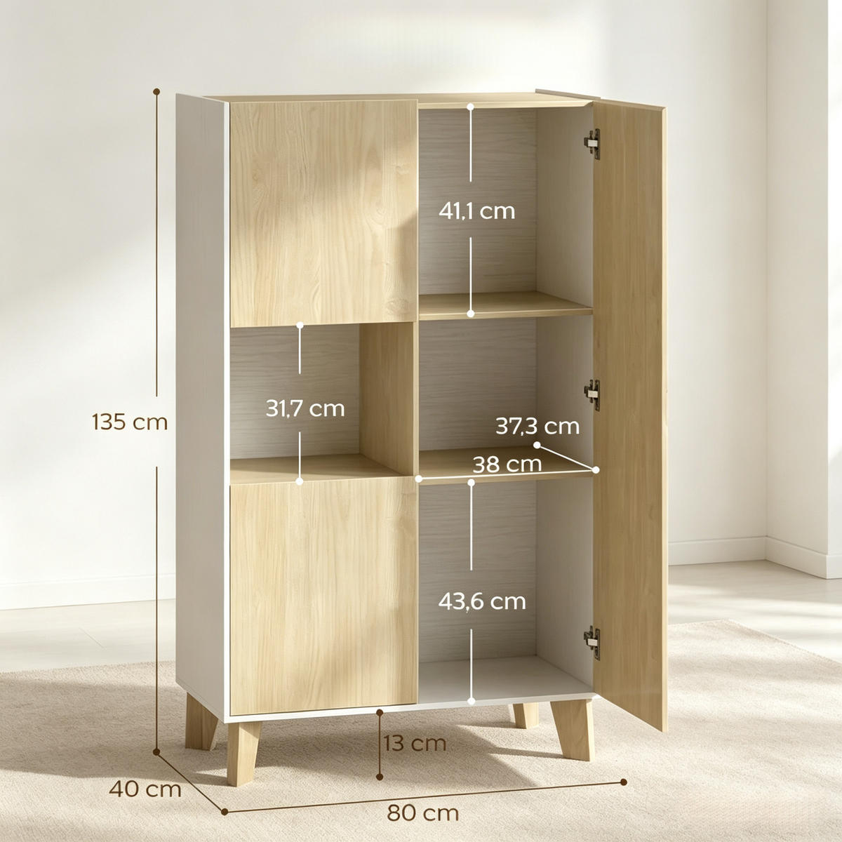 HIGHBOARD DE-38830 80/40/135 cm 5 Fächer und Soft-Close-Türen Naturholz/Weiß - Eichefarben, Holzwerkstoff (80/135/40cm) - ComfortXL