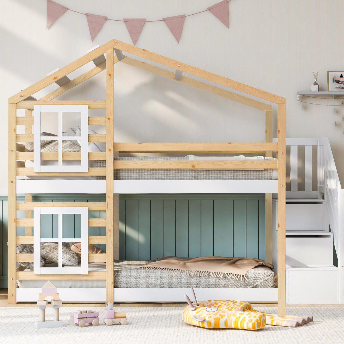 ETAGENBETT aus Kiefer-Massivholz und MDF 90x200 cm Natur & Weiß mit Stauraumtreppe - Weiß, Holzwerkstoff (90/200cm) - IVMEU