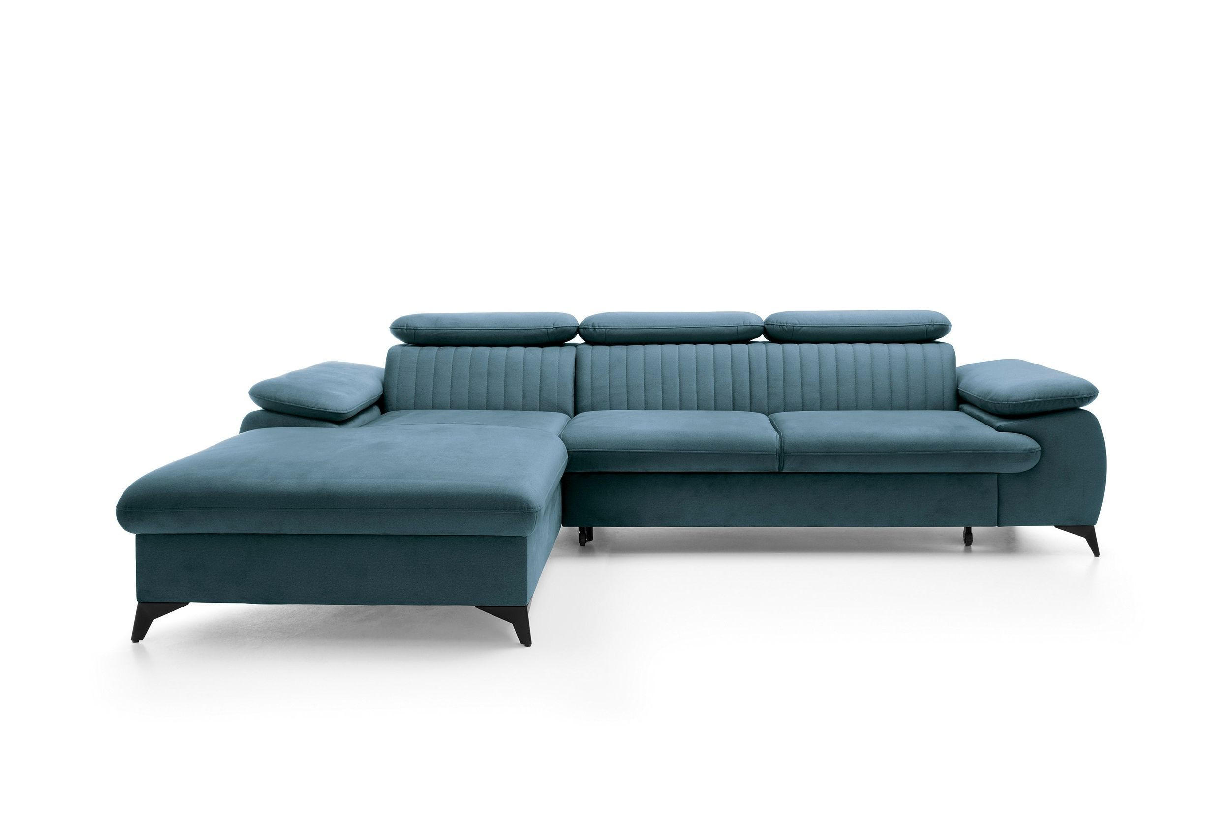 ECKSOFA FIORE Blau Velours-Stoff mit Schlaffunktion - Blau, Holz (280/193cm) - MASSENO