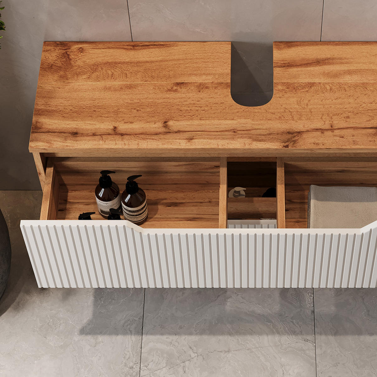 WASCHBECKENUNTERSCHRANK Lotta Eiche/weiß gestreift 99.4 x 62.5 cm mit 2 Schubladen - Eichefarben/Weiß, Holzwerkstoff (99.4/62.5/32cm) - Vicco