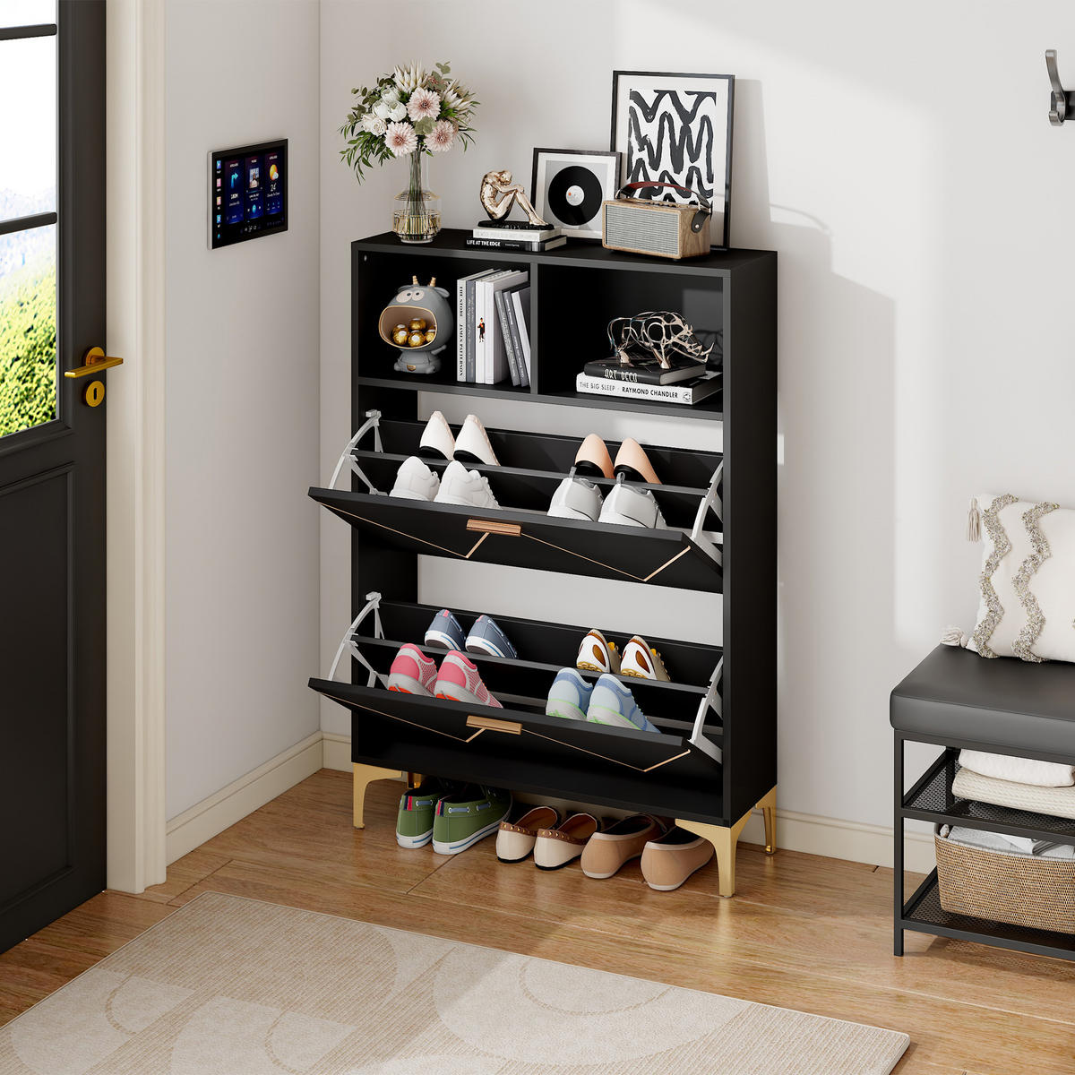 SCHUHSCHRANK 80x25x117cm 2 Klappen 4 Fächer MDF Metall modern - Schwarz, Holzwerkstoff (25/117/80cm) - FLIEKS