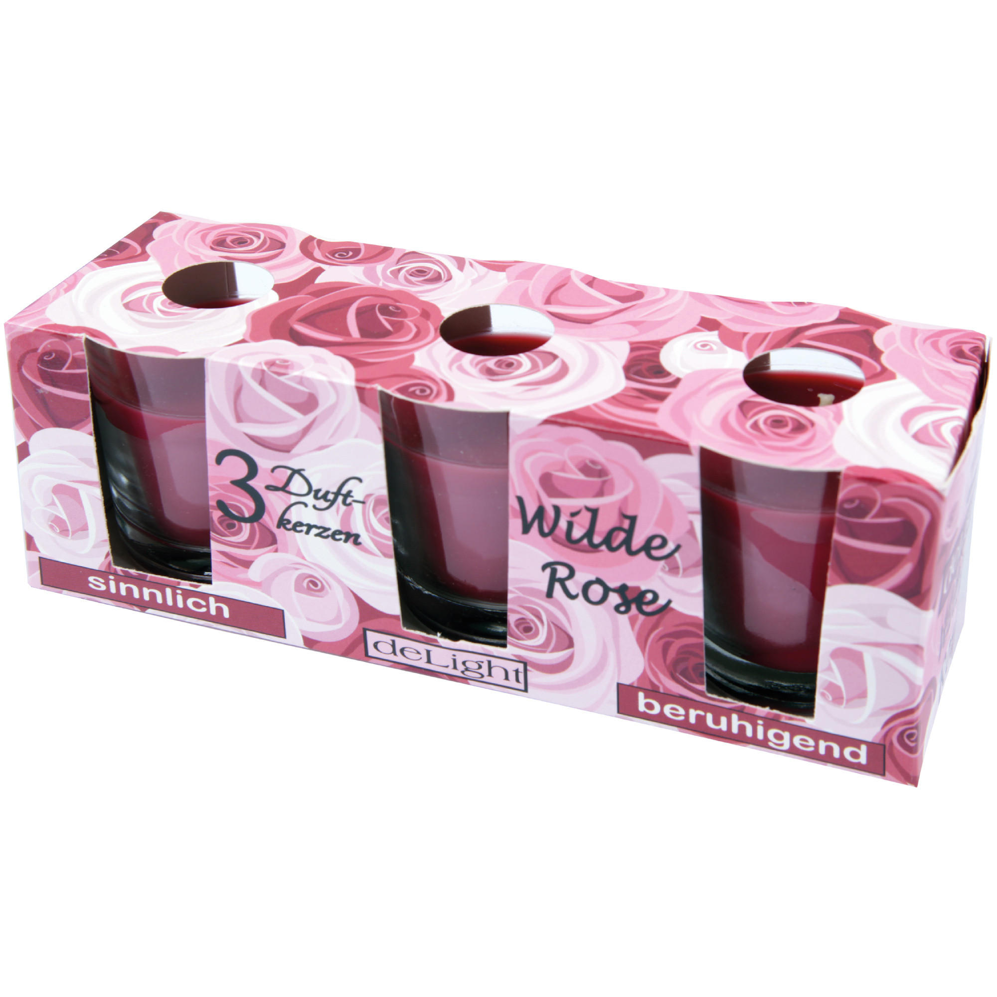 DUFTKERZEN im Glas "Classic" 3er Pack Wilde Rose - Hellrot, Naturmaterialien (4.5/6.5cm)