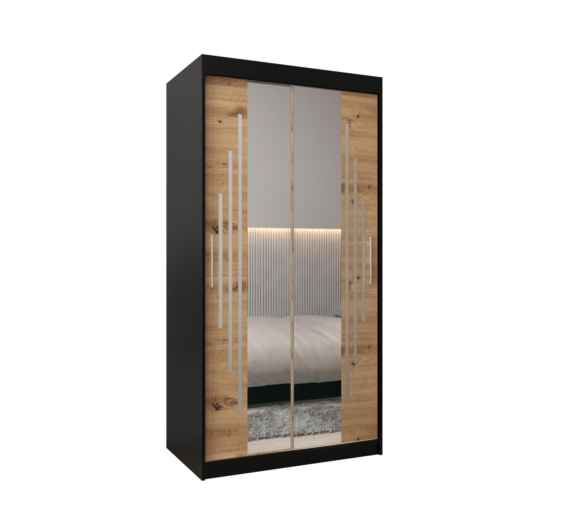 Abiks Möbel Schwebetürenschrank Schwarz, Eiche Artisan 100x200x62 cm