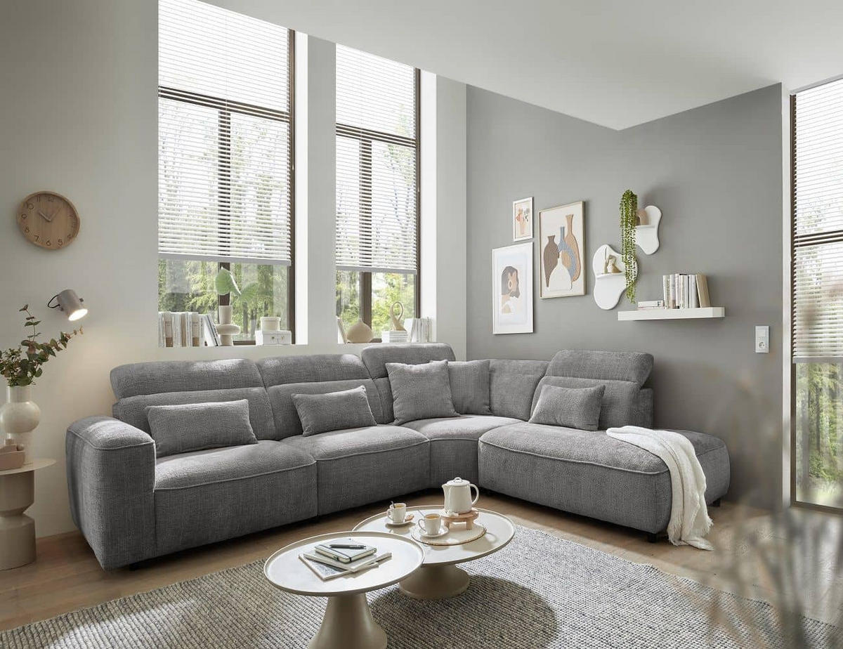 ECKSOFA mit 5-fach verstellbare Kopflehnen und pflegeleichter Mikrofaser-Chenille-Bezug - Goldfarben/Schwarz, Kunststoff/Textil (285/339cm) - ed exciting design