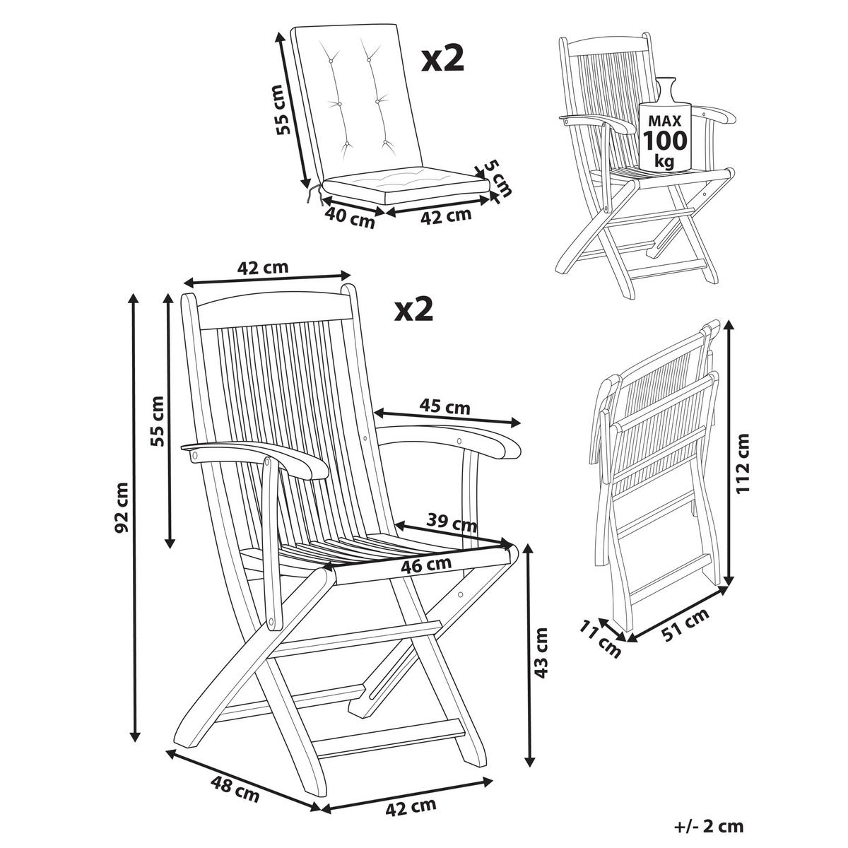 GARTENSTUHL 2er-Set Hellbeige Maui Premium - Beige/Braun, Holz (46/92/48cm) - Beliani
