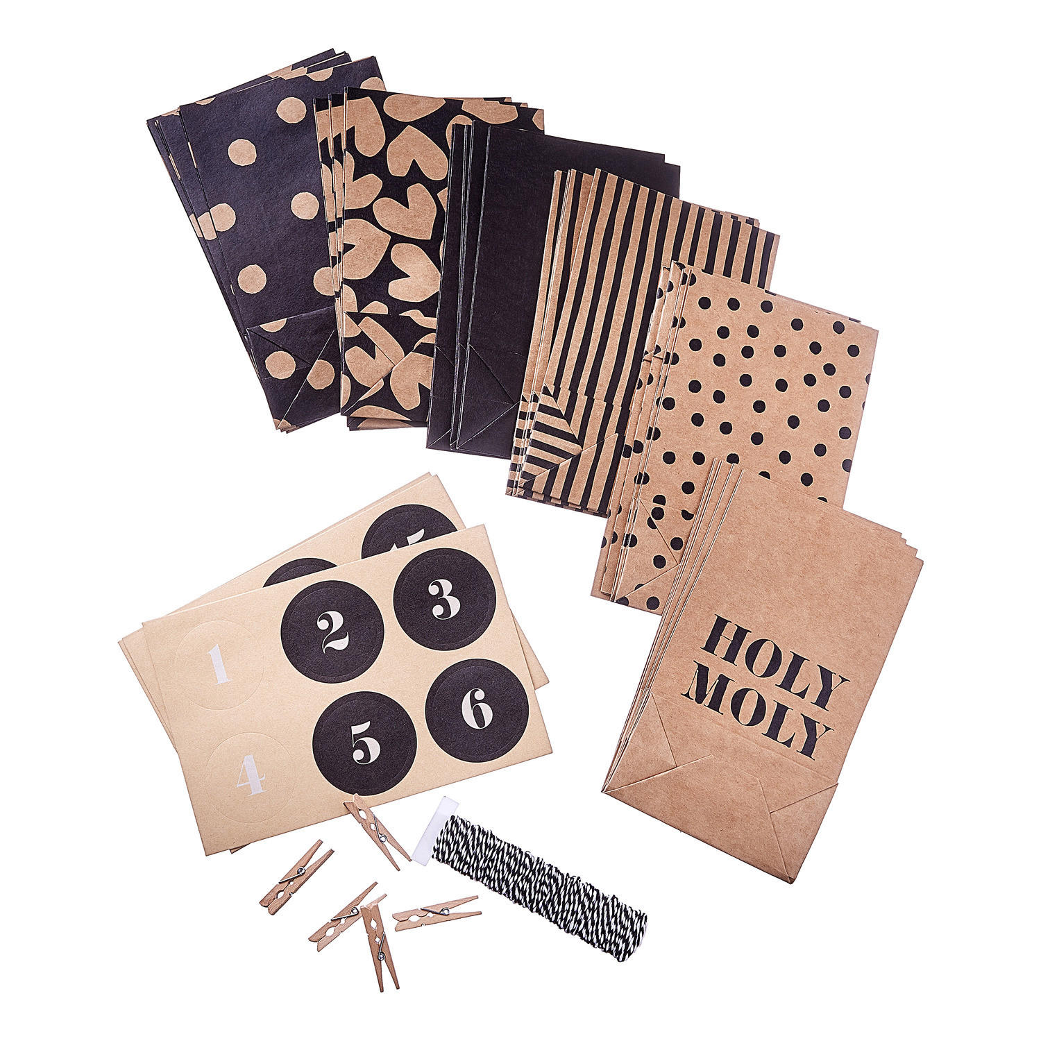 ADVENTSKALENDER-SET Surprise mit untersch. Mustern - Multicolor, Holz/Papier (24/3/22cm) - Butlers