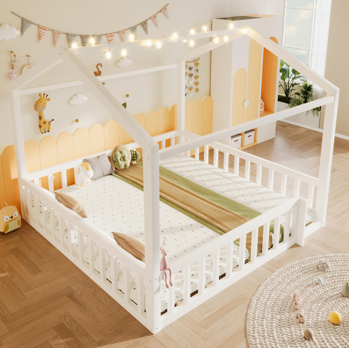 KINDERBETT 195/191/156,5 cm in Hausform mit LED und teilbarer Liegefläche 90/190 cm - Weiß, Holz (90/190cm) - BEAOK