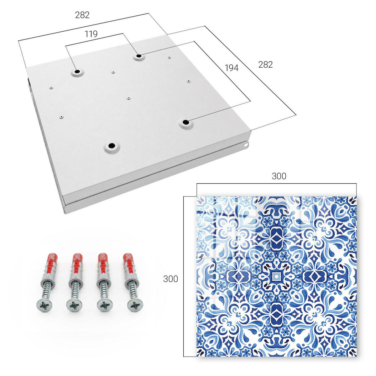 SCHLÜSSELBOX Weiß 30x30 cm – Türöffnung nach rechts - Fliesenornamente - Blau, Metall (30/30/5cm) - TULUP