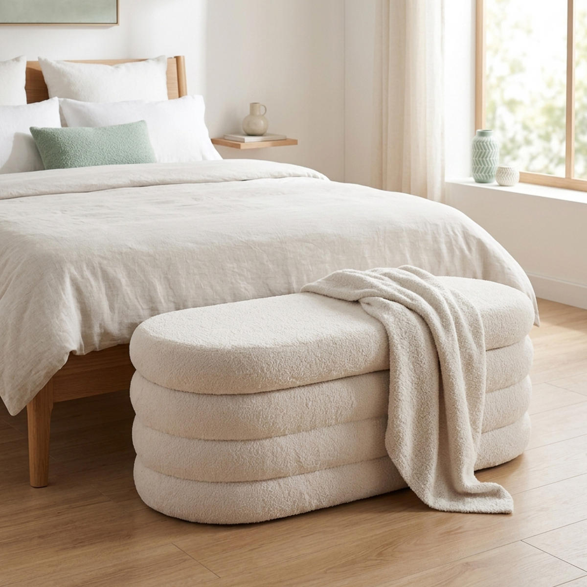 BANCĂ Crem cu spațiu de depozitare țesătură teddy 110 cm - crem, material textil/compozit lemnos (110/42/45cm) - Relaxdays