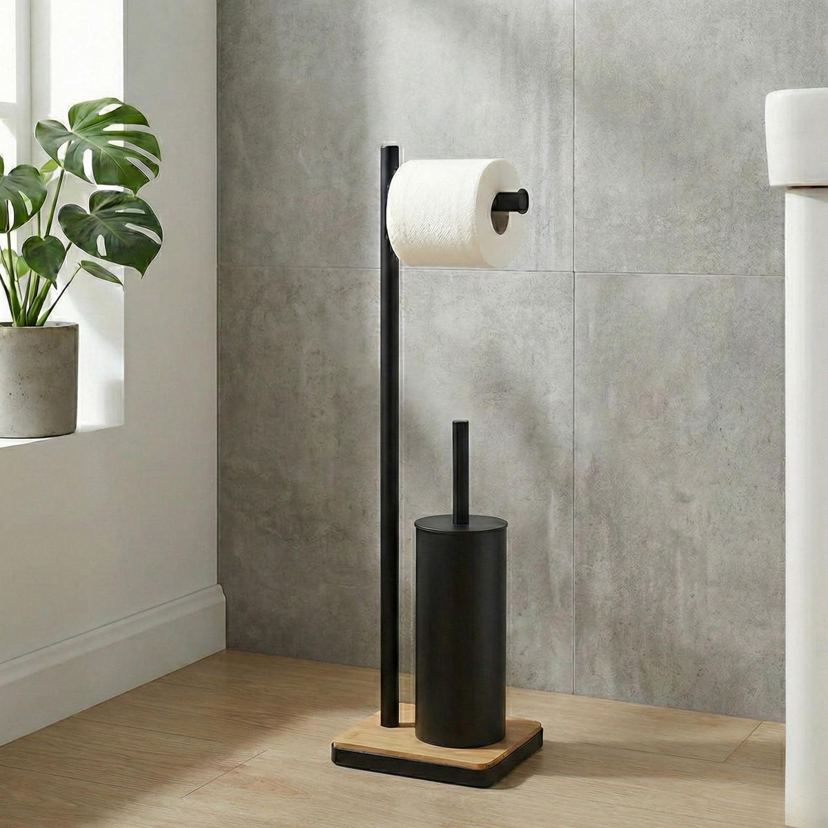 WC-BÜRSTE mit Halter für Toilettenpapier Ivlo 21/16/65 cm - Schwarz, Metall (16/65/21cm) - NUXIO