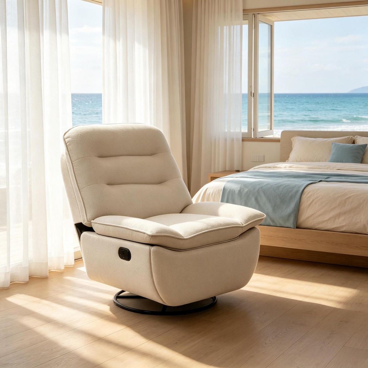 RELAXSESSEL 360° drehbar mit Fußstütze und Stauraum, DE-42187, Beige - Beige, Metall (49.5/106/95cm) - ComfortXL