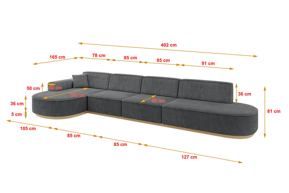 ECKSOFA Ottomane Links MARI-L3-v2 - 413x171x83 cm Dunkelgrau Cord - Dunkelgrau, Holzwerkstoff/Textil (413/171cm) - ALTDECOR