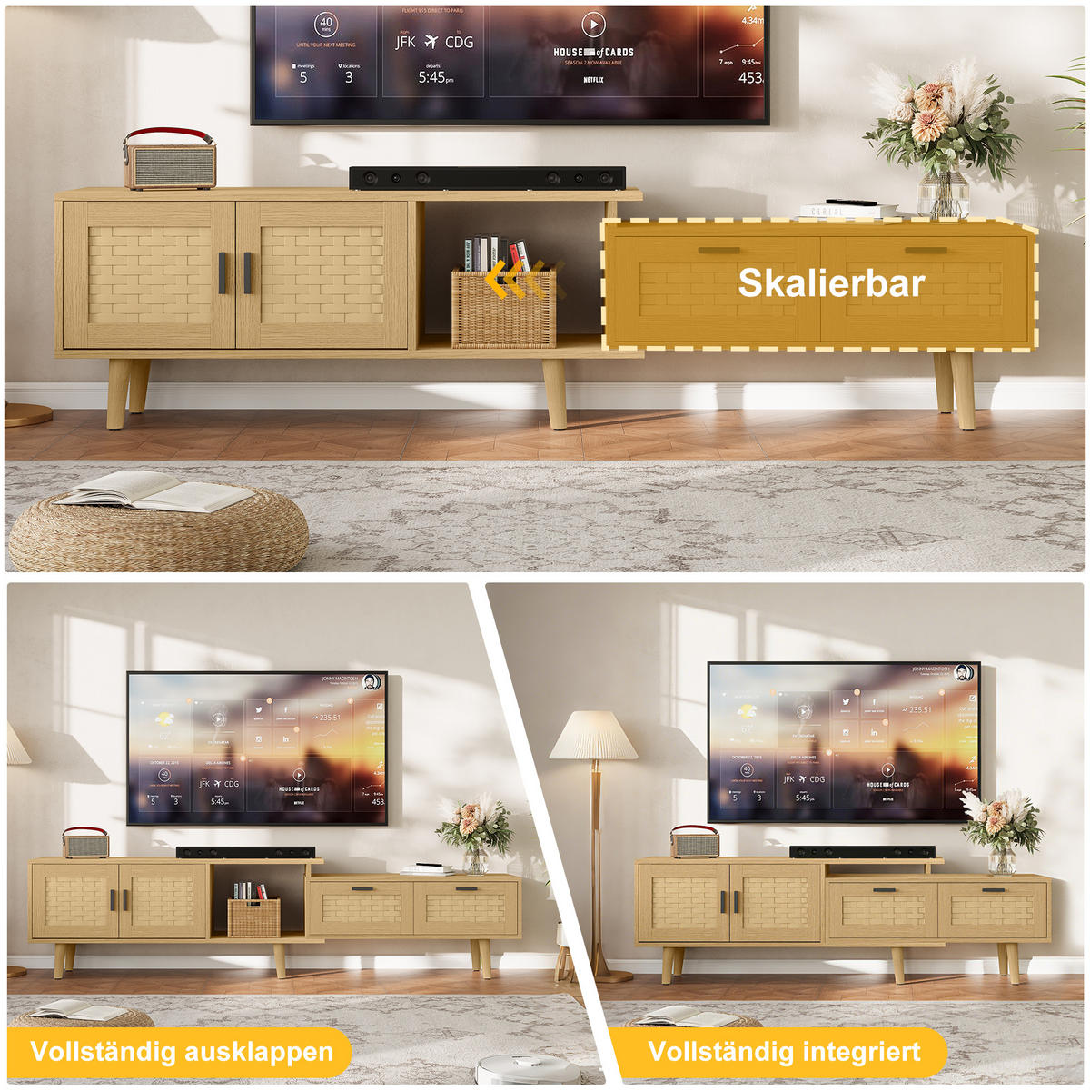 TV LOWBOARD ausziehbar 146–180 cm 2 Türen 2 Schubladen Holz - Naturfarben, Holz (146/44/29.8cm) - Fortuna Lai