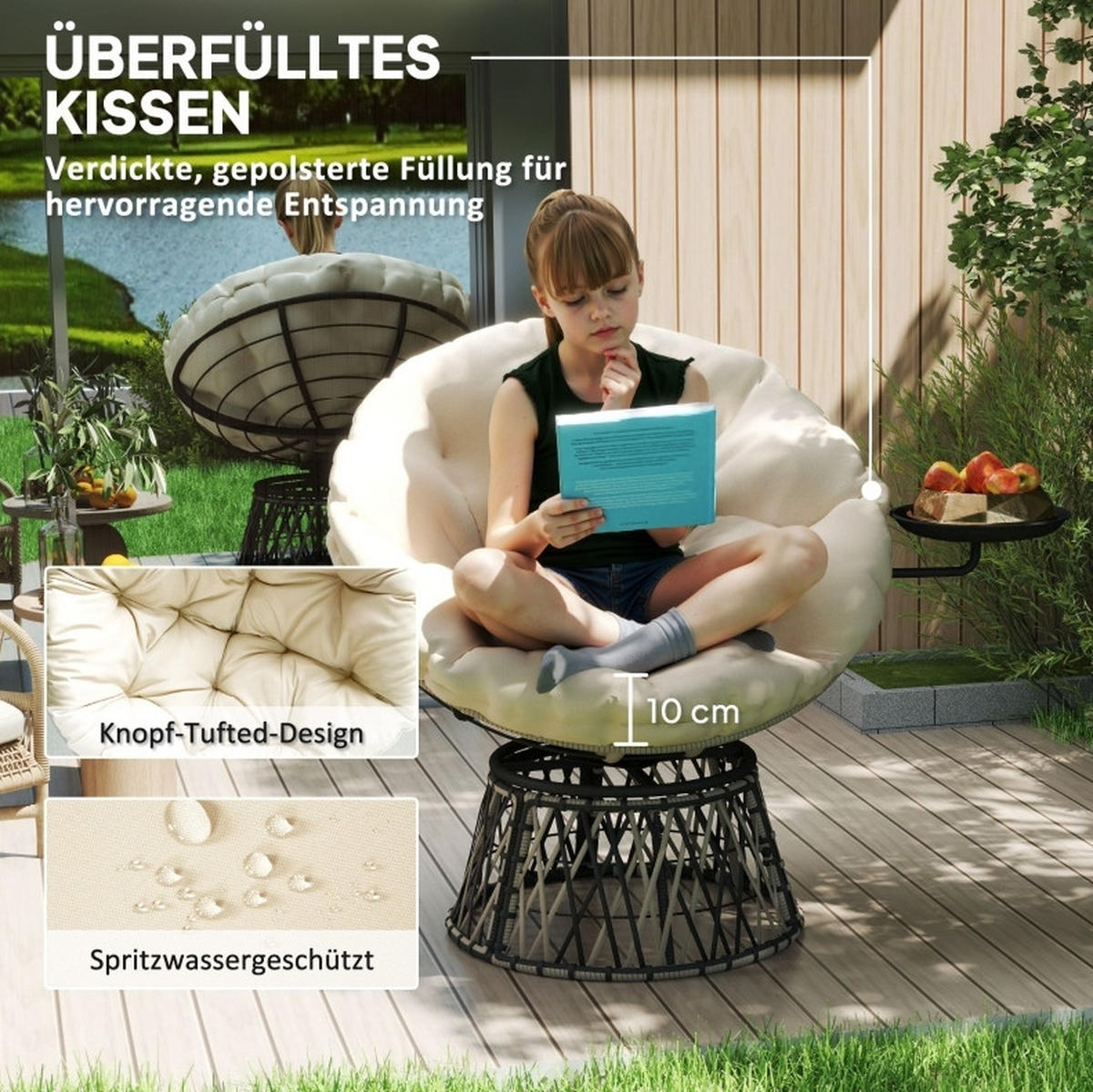 RATTANSESSEL 118/76/88 cm mit 360°-Drehfunktion und Seitentablett, Beige - Beige, Metall (118/88/76cm) - Redom