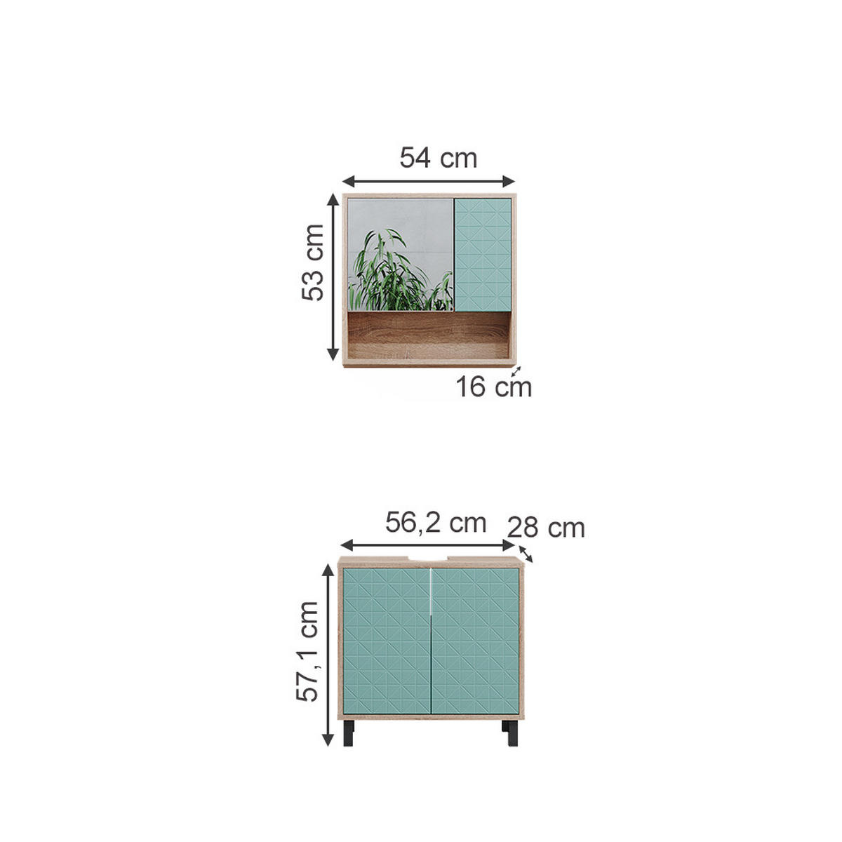BADMÖBEL-SET Agasta Mintgrün 2 Teile - Mintgrün/Sonoma Eiche, Holzwerkstoff (56/57/28cm) - Vicco