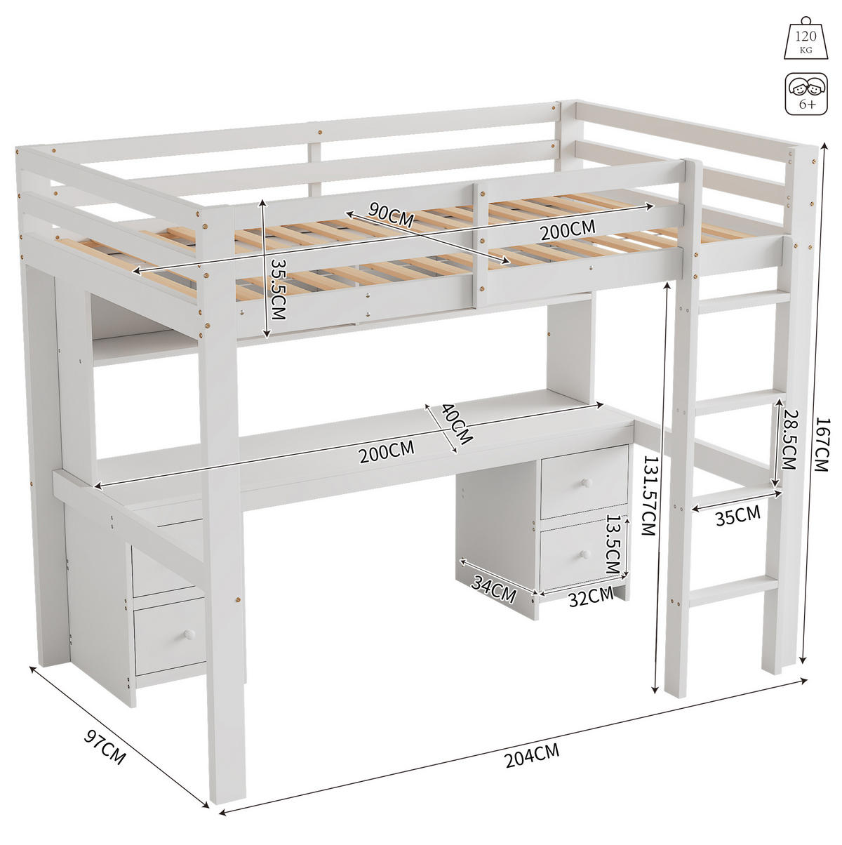 HOCHBETT 90/200 cm mit Schreibtisch, 4 Schubladen und Ablagefächern aus Kiefern Holzwerkstoff, Weiß - Weiß, Holzwerkstoff (90/200cm) - Redom