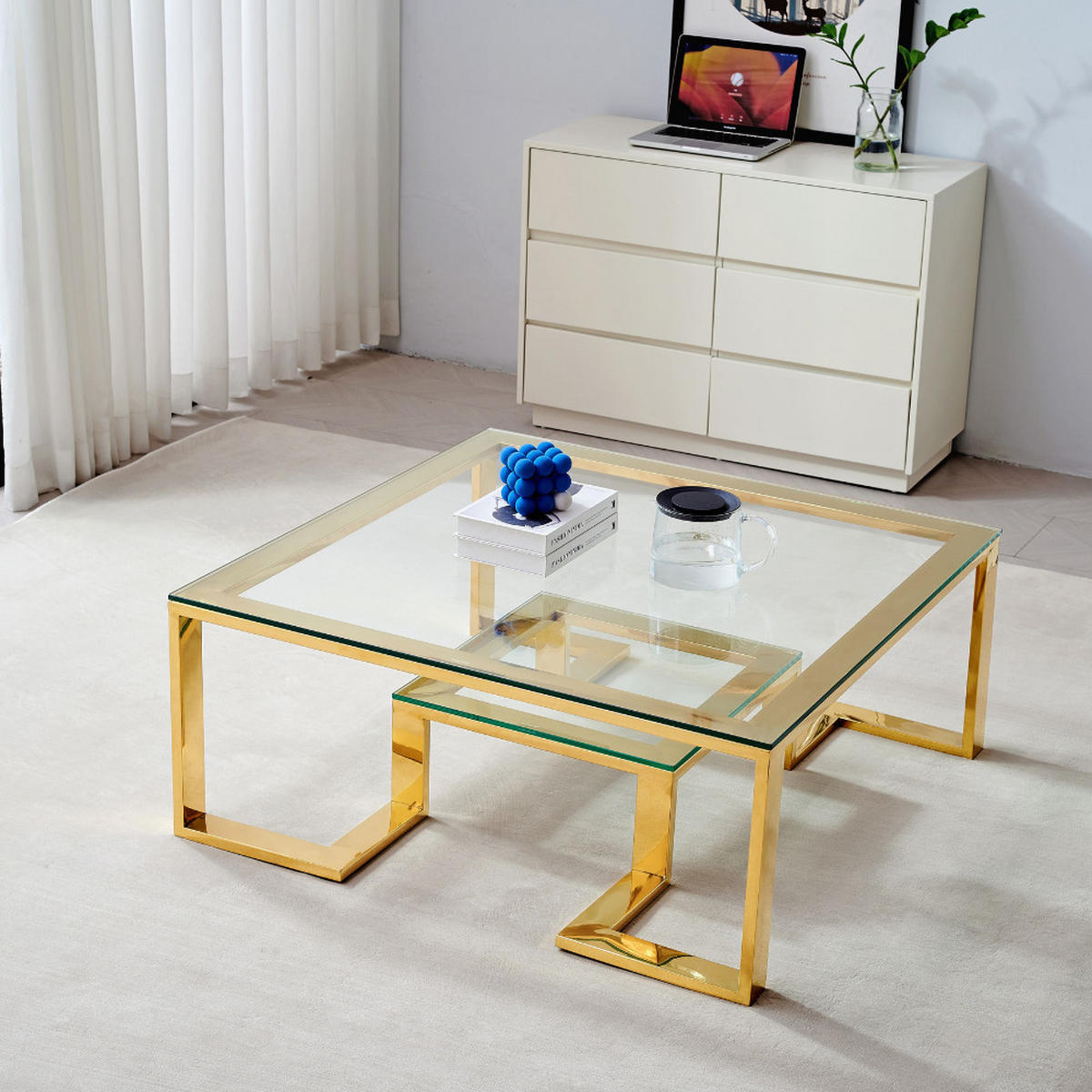 DESIGN-COUCHTISCH "AUREA" – Quadratischer Glas-Wohnzimmertisch mit geometrischem Gold-Gestell - Goldfarben, Glas (100/100/45cm) - alesvelt