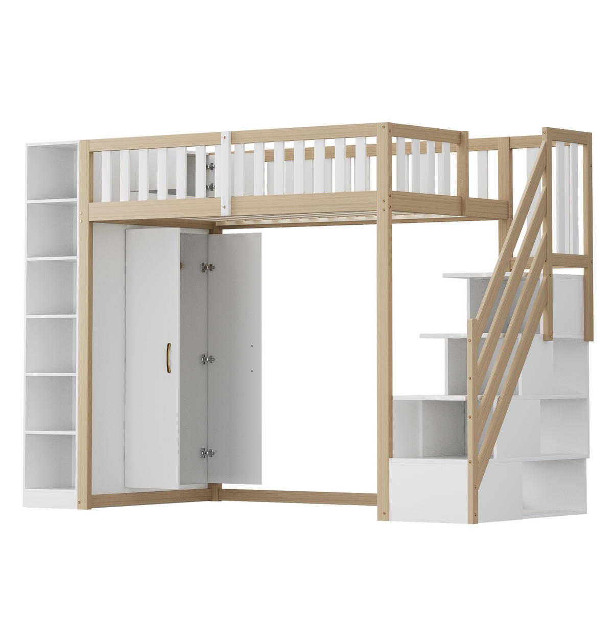 HOCHBETT mit Kleiderschrank und Stauraum 90x200 cm Weiß/Naturholz - Weiß, Holzwerkstoff (90/200cm) - Beauniv