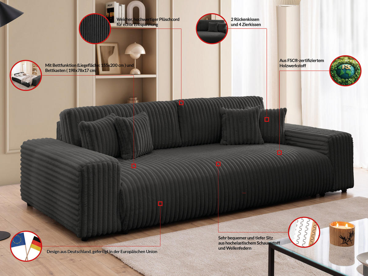BIGSOFA Mollis Dunkelgrau Plüschcord mit Schlaffunktion - Dunkelgrau/Schwarz, Holz/Kunststoff (260/77/124cm) - S-Style Möbel