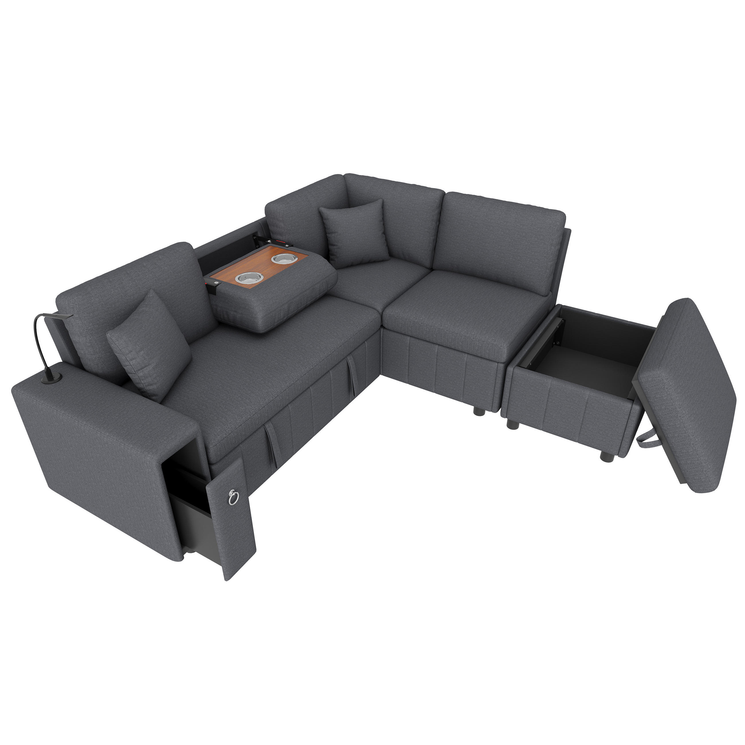 SCHLAFSOFA Grau L-Form USB Stauraum Tisch Leselicht Kissen - Grau, Textil (184/213cm) - FLIEKS