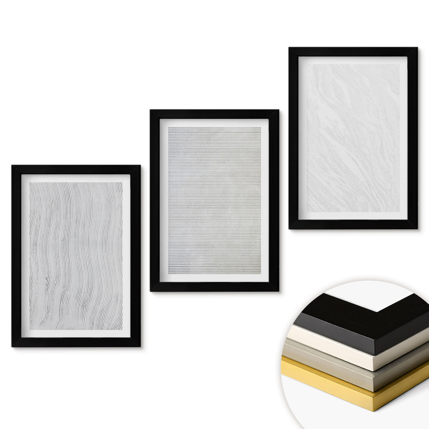 WANDBILDER 3er-Set - 20x30 cm Schwarzer Rahmen - Helle Sandmusterstrukturen - Schwarz, Kunststoff (20/30cm) - ArtPrintCave