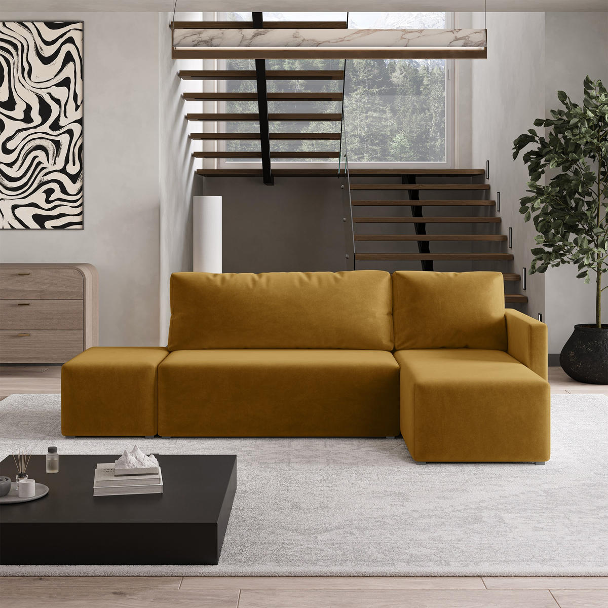 ECKSOFA VELOTTI R-S Gelb Plüsch-Stoff mit Schlaffunktion - Gelb, Holz (261/143cm) - MASSENO