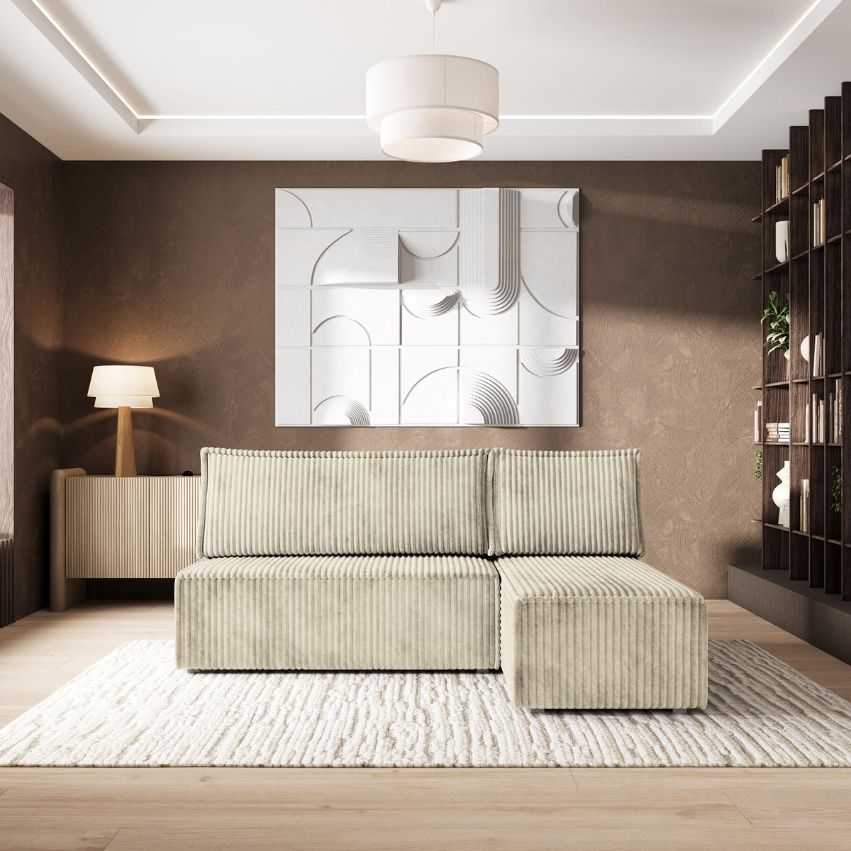 ECKSOFA BRISO T Creme Kordstoff mit Schlaffunktion - Creme/Grau, Holz/Kunststoff (200/140cm) - MASSENO