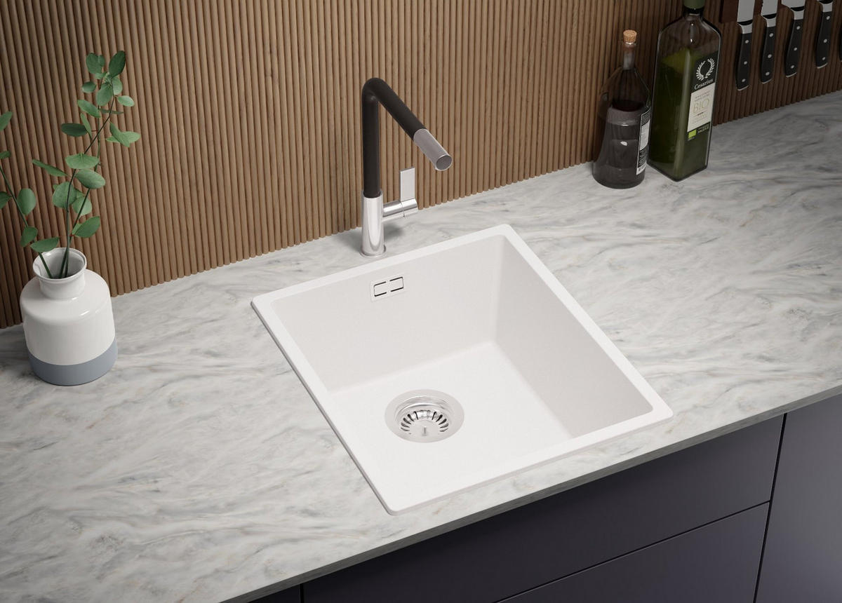 GRANITSPÜLE London Slim, 2-er set Alles Weiß 41/47 cm 1 Becken + Küchenarmatur 32/20 cm + Ablauf-Set ab 45er Unterschrank - Weiß, Kunststoff (41/20/47cm) - Primagran