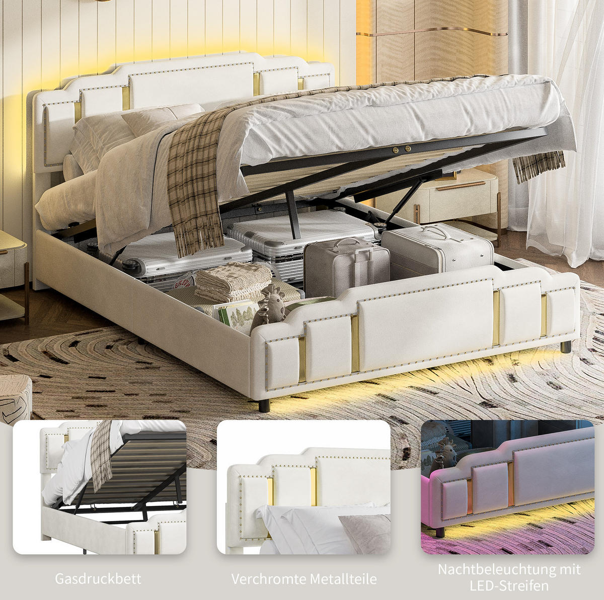 POLSTERBETT 140x200 cm in Beige mit LED-Beleuchtung und hydraulischem Bettkasten - Beige, Textil (140/200cm) - IVMEU